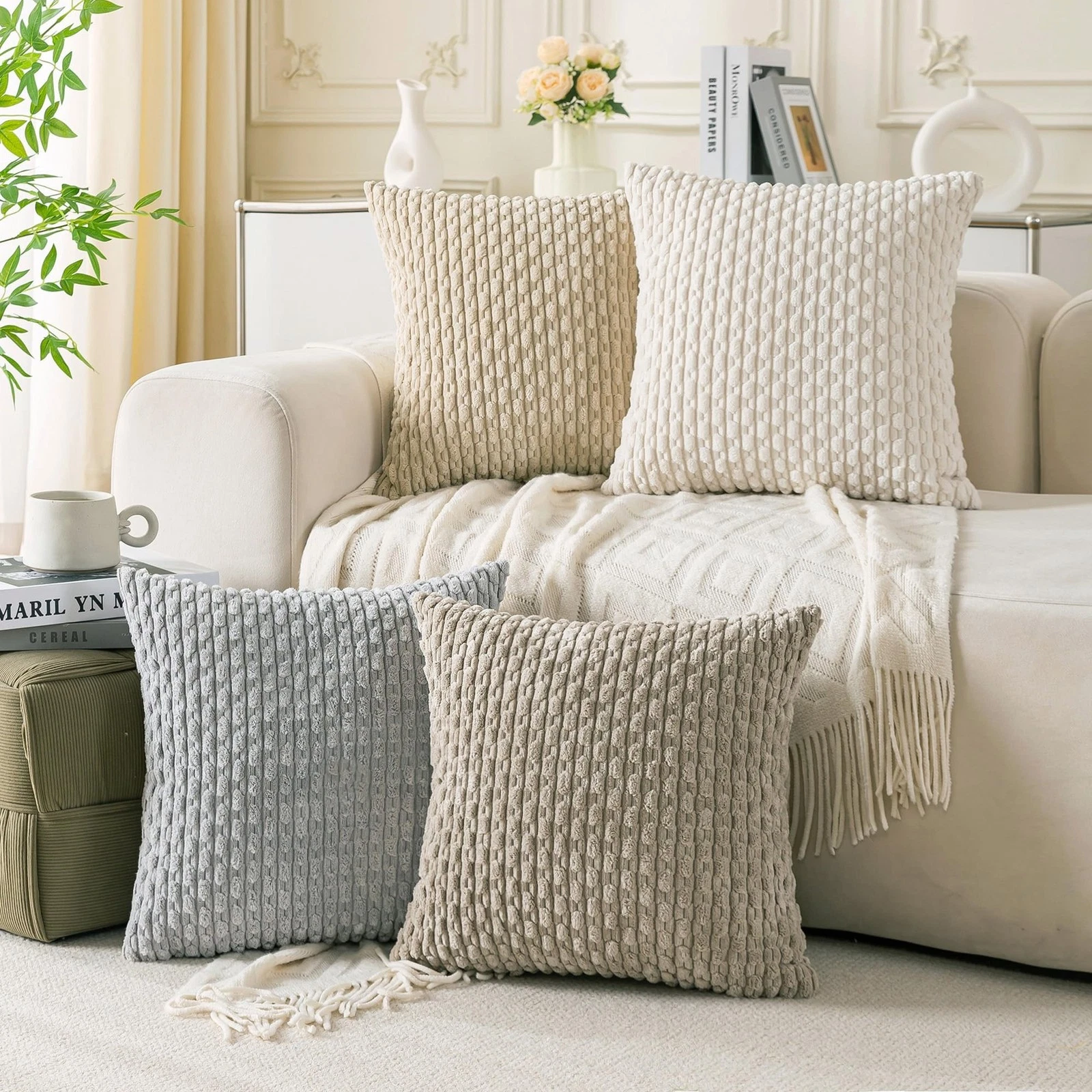 Set of 4 Neutral Decorative Throw Pillow Covers 18x18 Inch Corduroy Pillow Co...
