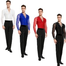 Mens Dance Outfit Tango Set Ballroom Dancewear Bodysuit Patchwork Competition