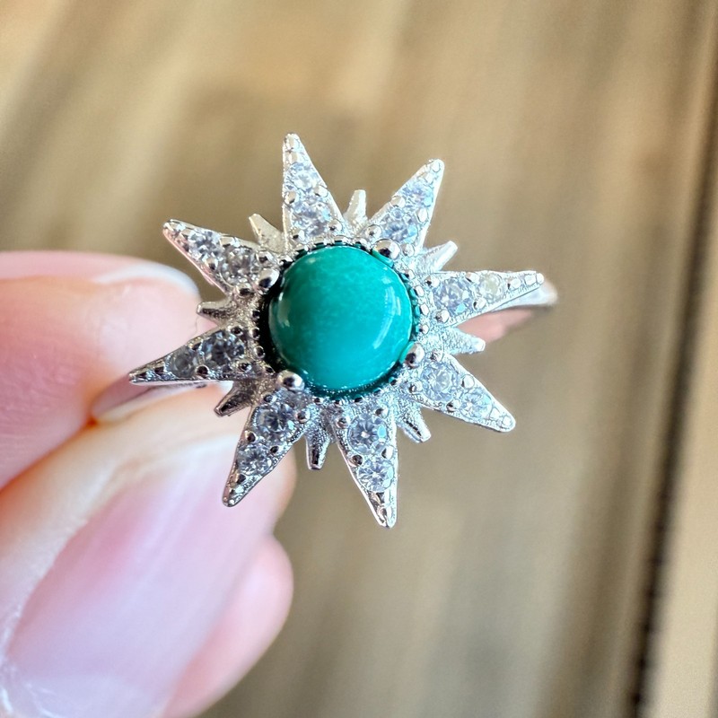 925 Sterling Silver Ring 4mm Natural Turquoise Zircon Handmade Snowflake Gift