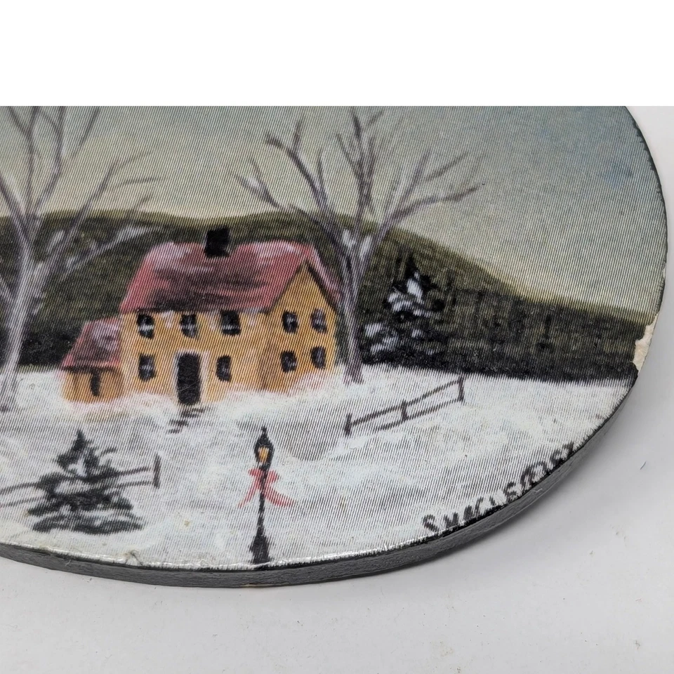 Broche oval vintage pintado à mão cena da casa de inverno nevado arte popular - Imagem 2 de 4
