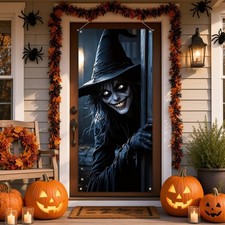 Scary Witch Halloween Door Banner Evil Hat Creepy Backdrop Front Porch Decor
