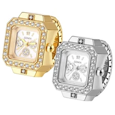 Bling Rhinestone Square Dial Elastic Finger Ring Quartz Watch Stretch Band