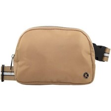 Tan Nylon Crossbody Sling Bag Fanny Pack Belt Bag with Striped Strap