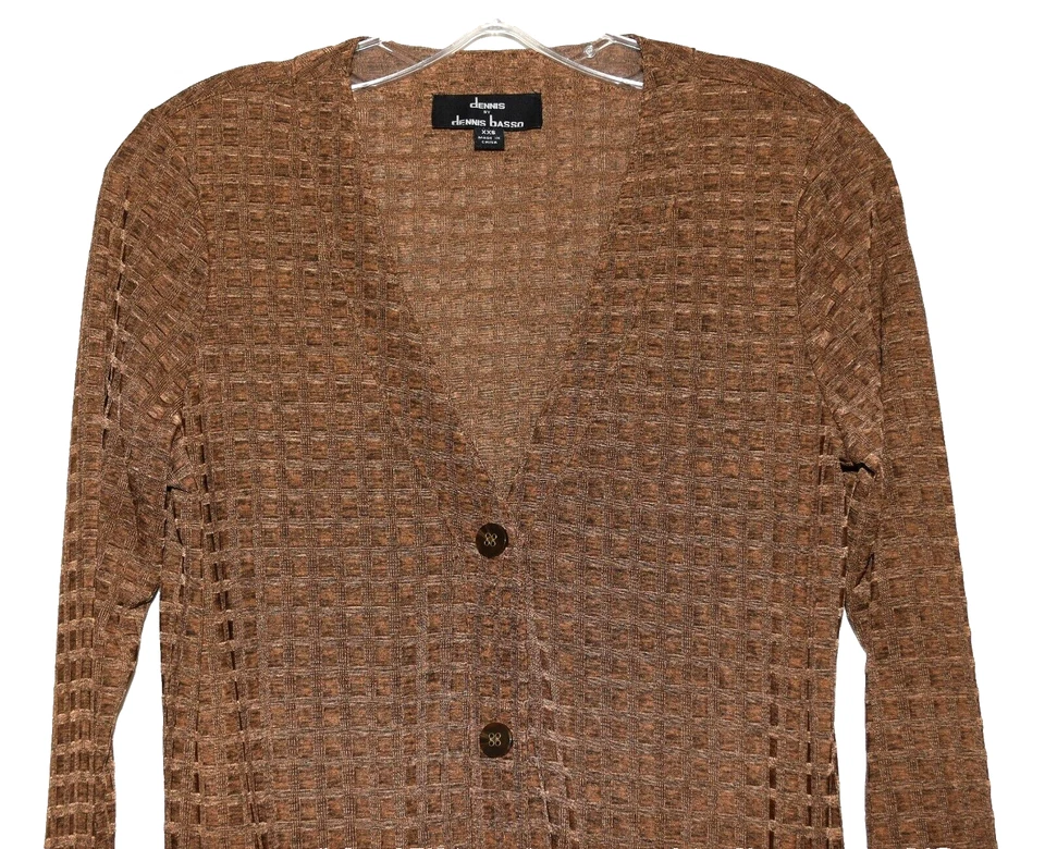 Dennis Basso Brown Semi-Sheer Check V-Neck Stretch Cardigan Sweater Size XXS - Image 2 of 4
