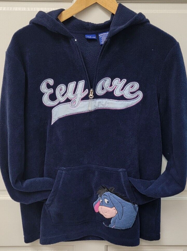 Vintage DISNEY Embroidered EEYORE 3/4 Zip Hooded Fleece Pullover Sweatshirt Med - Afbeelding 2 van 8