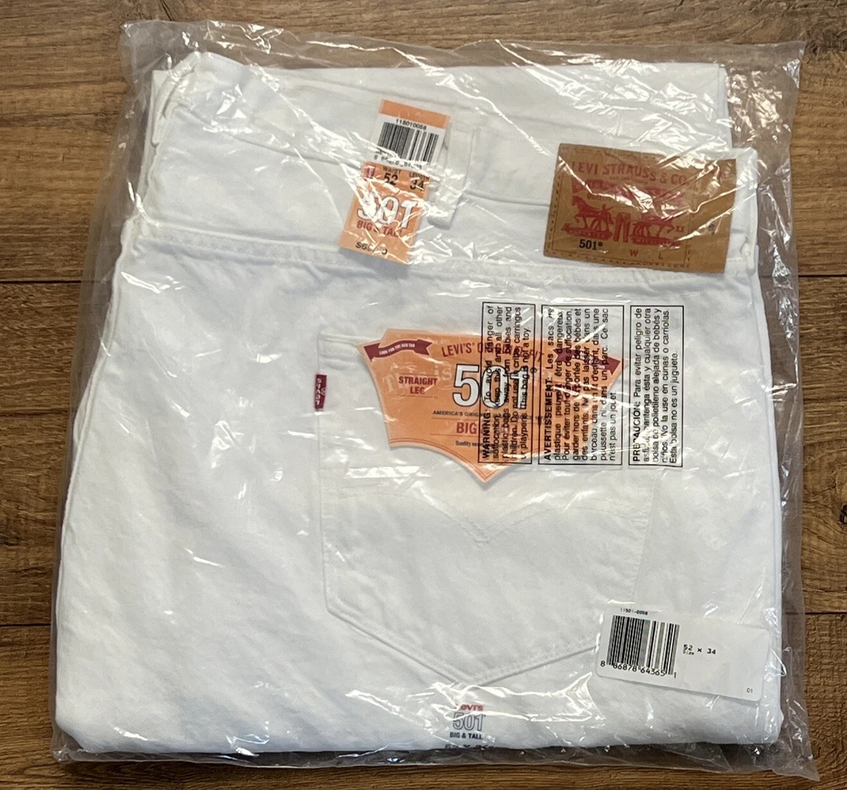 Levis 501 Big And Tall 52x34 White Jeans Button Fly Straight Leg