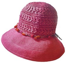 SUN'N'SAND PINK STRAW HAT, CROCHET CROWN, WOVEN BRIM, BEADED CORD BAND, LOGO TAG