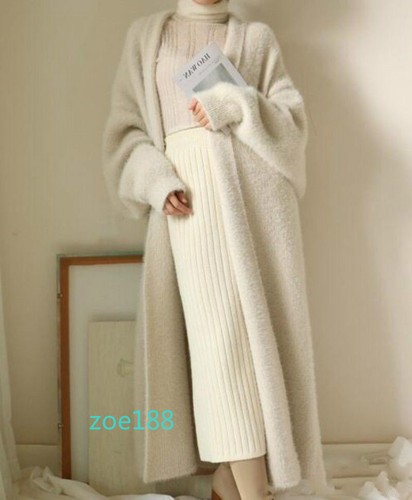 Elegant Womens Cashmere Fur Trench Knit Cardigan Parka Outwear Sweater Coat hot