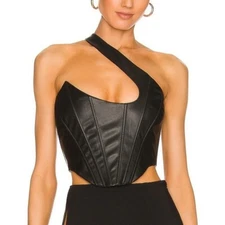 NBD Elodie Faux Vegan Leather Crop Top Size XXS Black Corset One Shoulder Strap