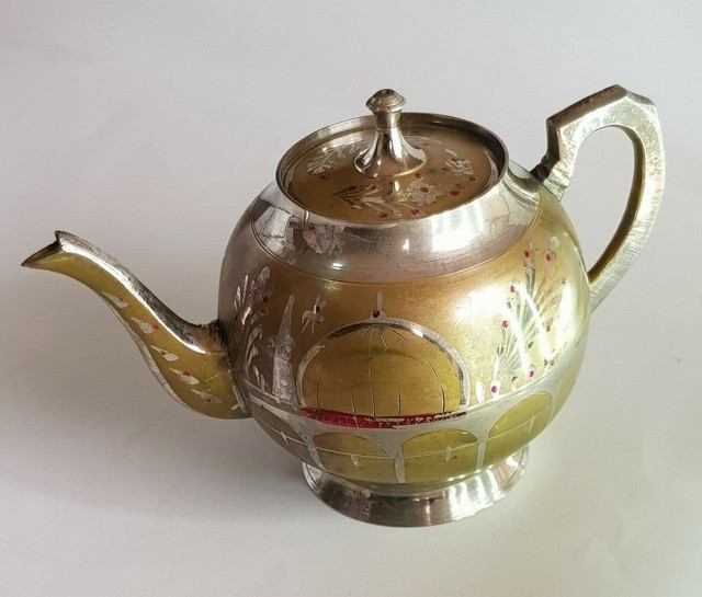 Vintage Copper Teapot Arabic Islamic Hand Engraved Mosque heavy 5.5