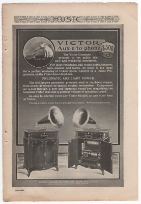 VTG 1907 Print-ad, Victor Aux-e-to-Phone Phonograph, &Rider-Ericsson Hot-AirPump