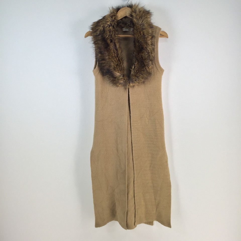 Spicy sugar womens trench coat size 8 faux fur neck lined brown sleeveless082156