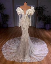 Luxury Off Shoulder Mermaid Wedding Dress Long Sleeved Crystal Evening Gown