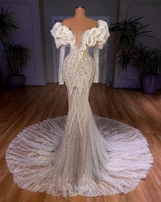 Luxury Off Shoulder Mermaid Wedding Dress Long Sleeved Crystal Evening Gown