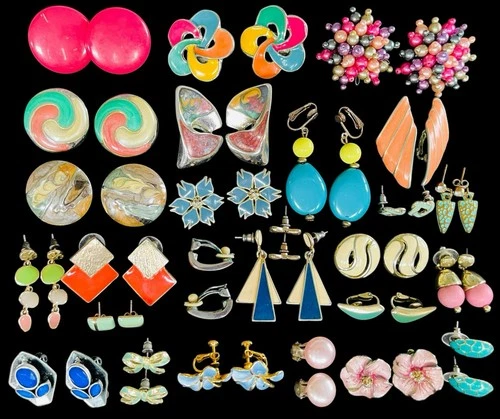 Vintage 1980sRetro Bulk Earring Jewellery Job Lot Enamel Barcs Costume Jewellery