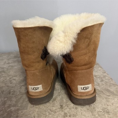UGG Bailey Button Suede Shearling Mid-Calf Boots Brown Fur Trim Womens 11