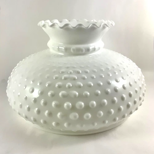 Vintage White Hobnail Milk Glass Hurricane Lamp Shade Ruffled Top 10" Fitter