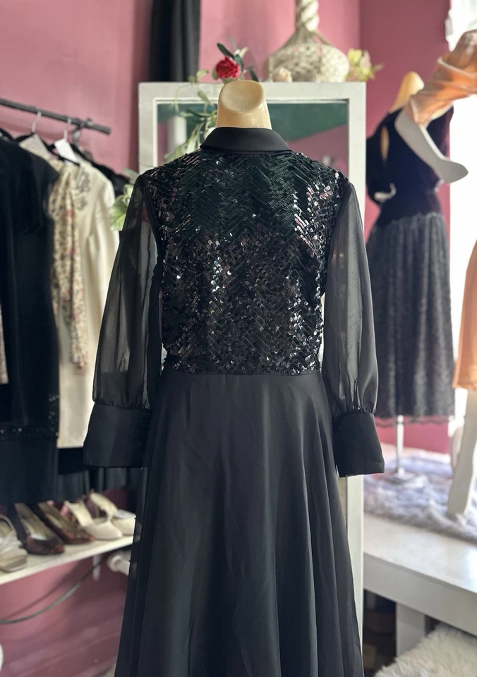 Vintage 60s 70s Formal Maxi Evening Hostess Dress Black Sequins Modest M/L - Image 3 of 4