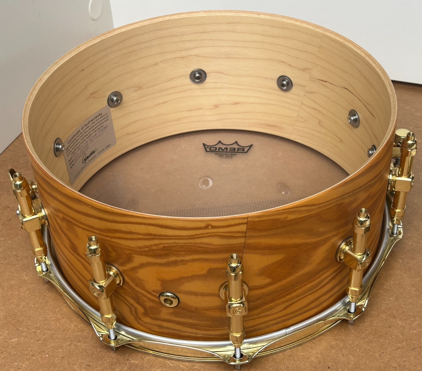 GABRIEL 14''x 6.5'' Handcrafted Snare Drum-9 Ply Hybrid-10 Brass Lugs-Olive Tree photo 10