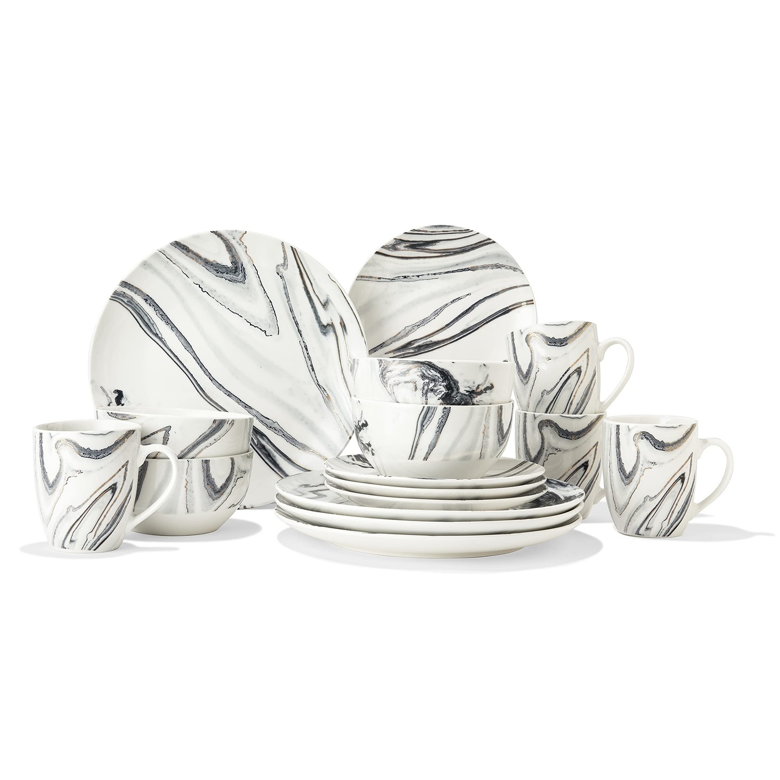 American Atelier Marble Coupe Dinnerware Set – 16-Piece Porcelain Dinner P