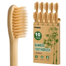 Bamboo Toothbrushes Soft Bristles 10 Pack, Biodegradable BPA Free Soft Bristles 