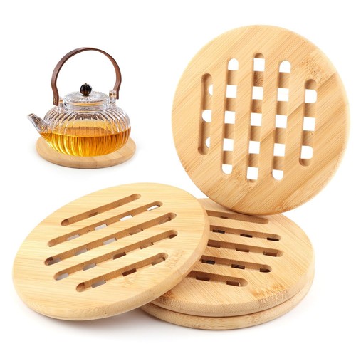 Lot 4 Dessous De Plat Ronds Bois 15 Cm - Antidérapants, Résistants Chaleur, Écologiques Pour Table Et Cuisine