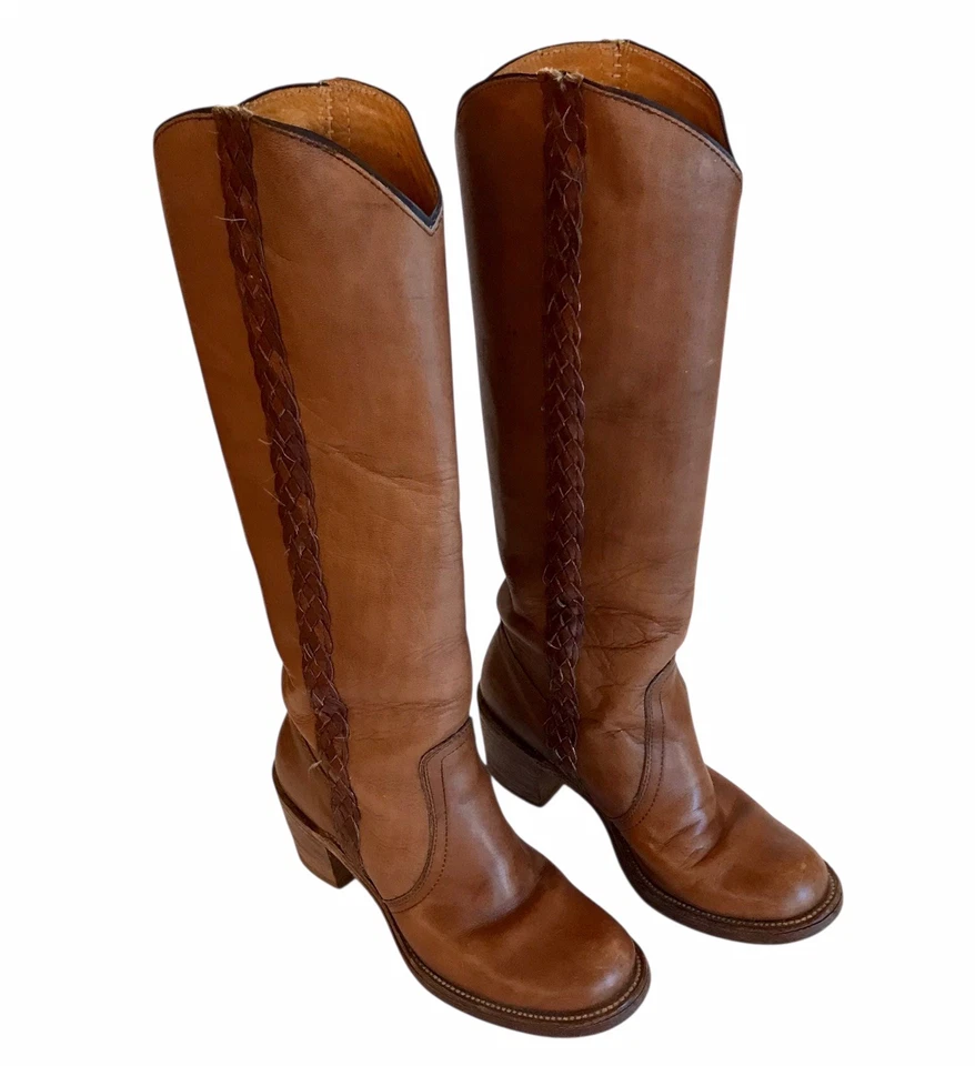 VTG Frye Campus Boots Braided Sabrina Riding Block Heel Tall Leather Sz 6.5 - Image 2 of 4
