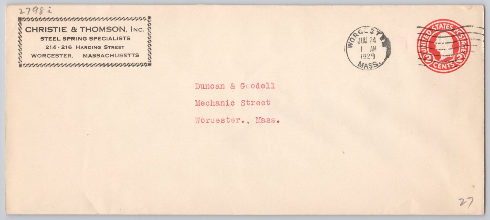 Worcester, Mass., Christie & Thomson, Steel Springs, — 1929 — Postal History
