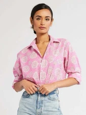 Mille The Sofia Oversized Button Down Shirt Pink Daisy Collared Resort Sz Small