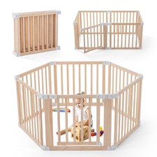 Foldable Wooden Playpen, Large Baby Play Yard with Locking Gate for Babies an...