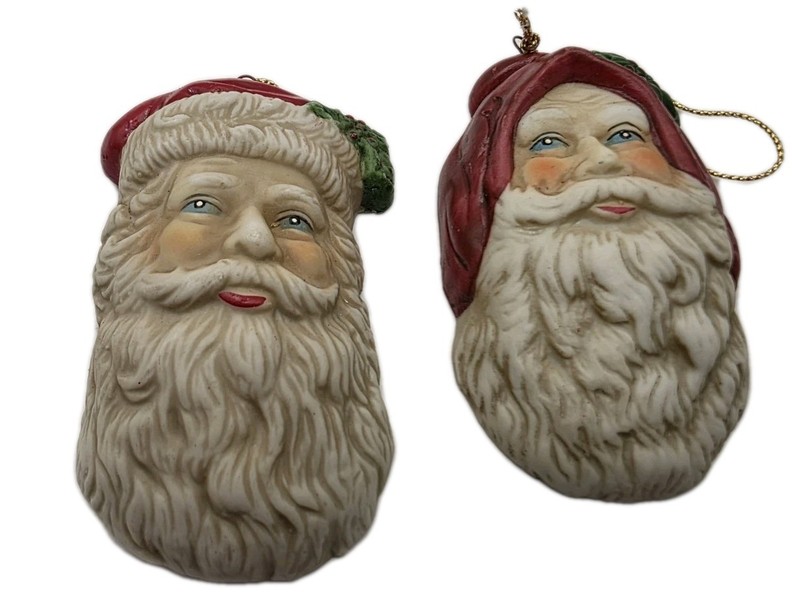 2 Vintage Porclein Santa Face Ornaments Rare