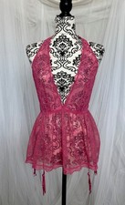 Victoria  s Secret Pink Lace Halter Babydoll Lingerie Set Garter Thong Size M