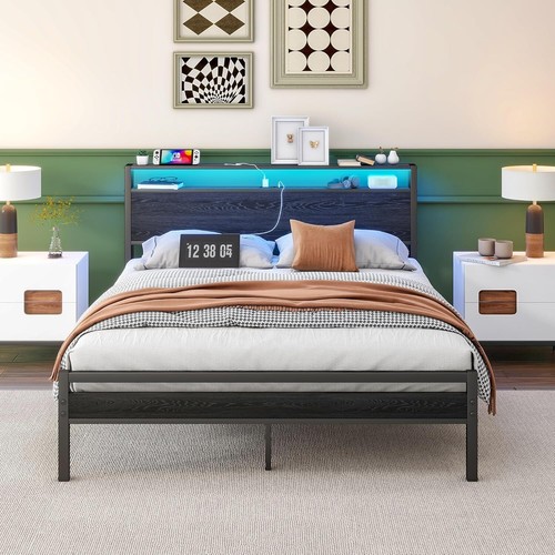Queen Bed Frame with Storage Headboard,Charging Station & LED Lights,Metal Platf - Picture 3 of 6
