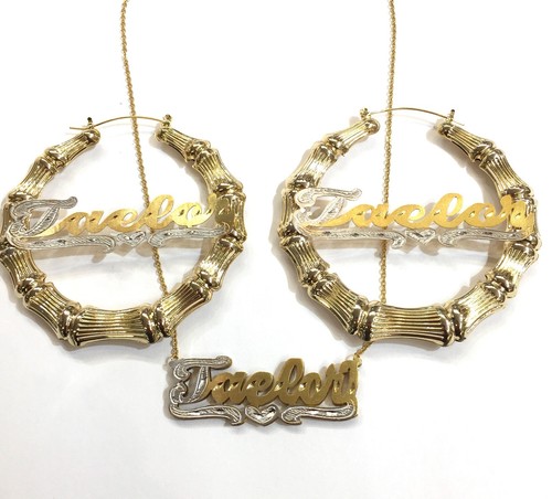 Personalized Bamboo Earrings And 3D Name Necklace Set/ 3 inch - Picture 3 of 3
