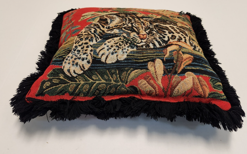 2 VTG Jungle Cat Leopard Tropical Tapestry Fringe Trim Double Sided Throw Pillow - Picture 14 of 23
