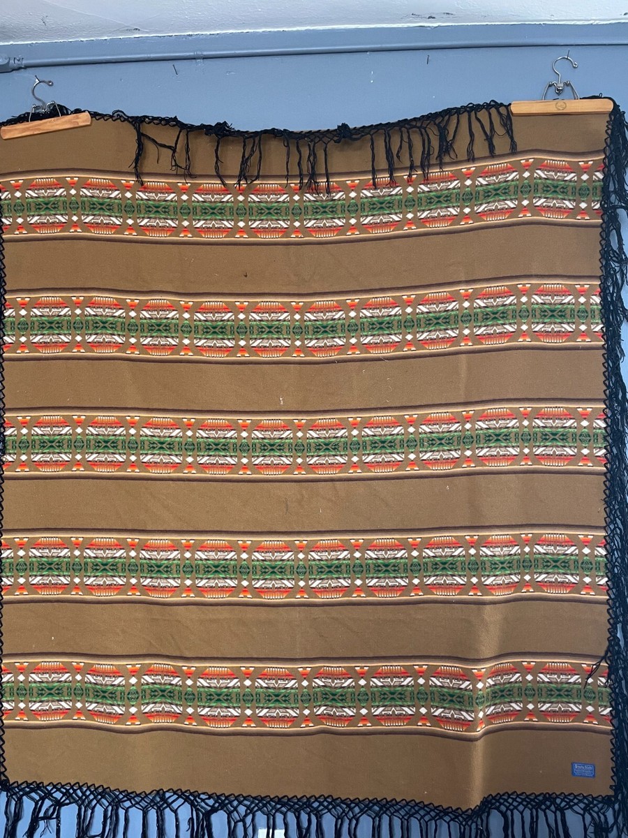 1970s Pendleton Fringed Tan Green Banded Throw 100% wool USA Made