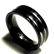 Black Plated UnisexTitanium Ring Band with Grooved Accents, size 8 - in Gift Box