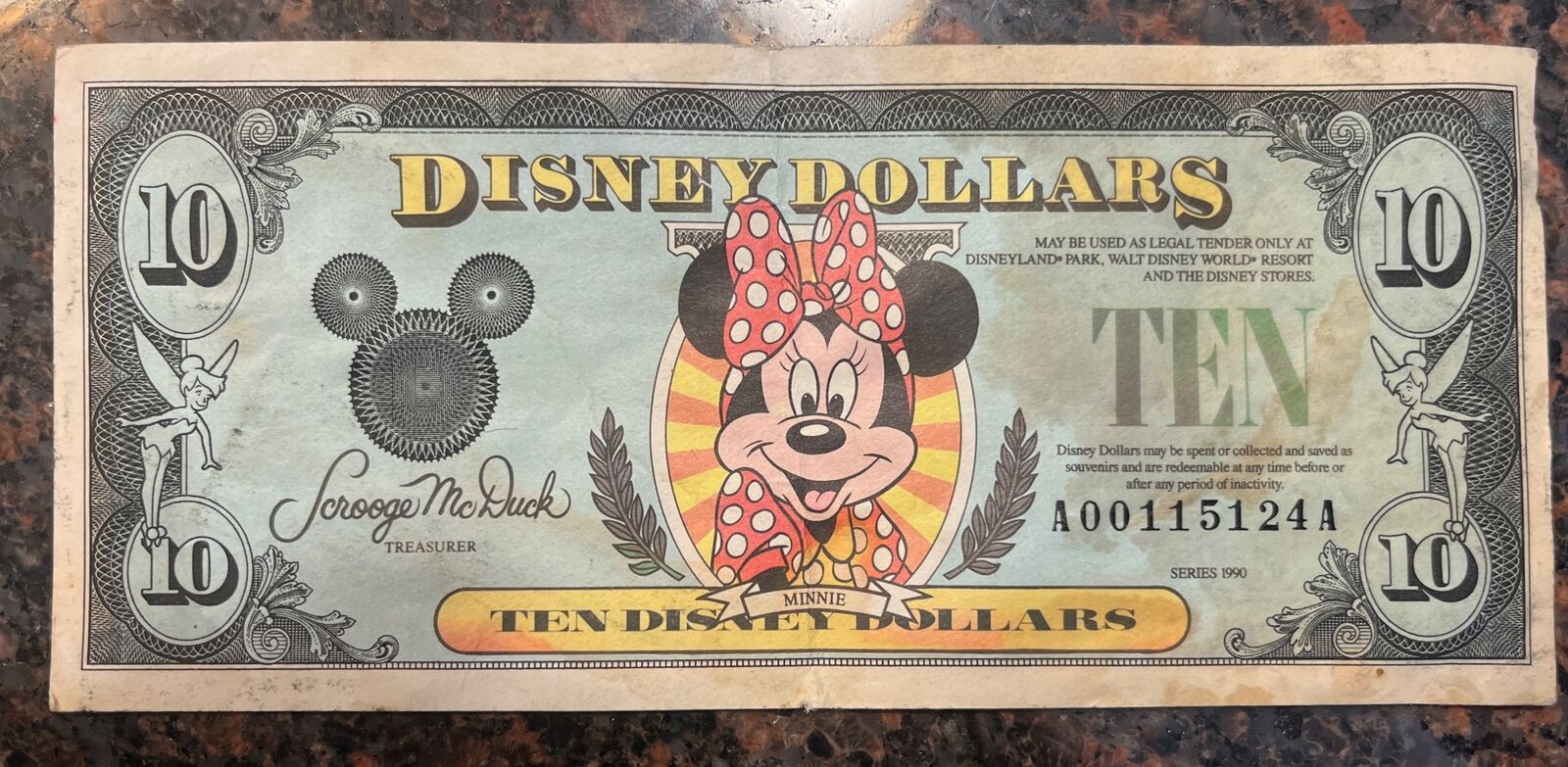 Disney Dollar Minnie Mouse $10 TEN DOLLAR #A00115224A 1990