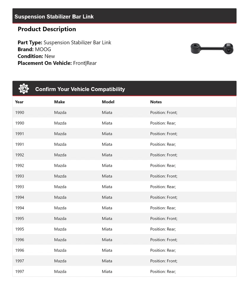 Barra estabilizadora de suspensión para Mazda Miata 1990-1997 MOOG 1990 1991 1992 Foto 2 de 4