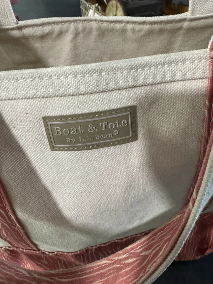 XL Vintage LL BEAN Barco y Bolso Enorme Rígido Lona Natural Crema y Rosa Foto 2 de 4