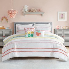 Kids Full Queen Cotton Comforter Set Chenille Stripes Pink Multi 5pc Intelligent