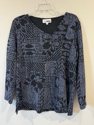 C.M. Shapes Womens Pullover Blouse Top Size 1X Black Blue Purple Holiday Colors
