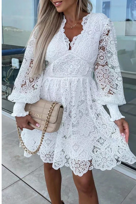 Eterna Los Angeles Romantic White Floral Crochet Lace Balloon Sleeve Dress Sz. S