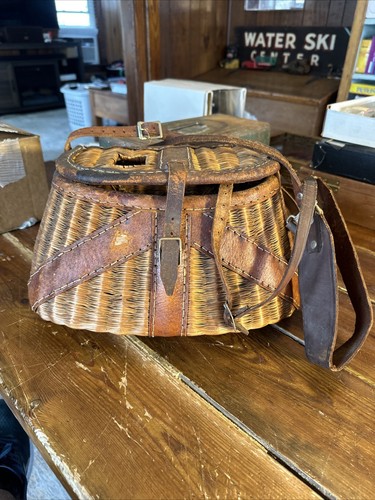 Panier Creel De Pêche Vintage En Osier Et Cuir - Rustique, Décoration Cabane Ou Pêche à La Mouche