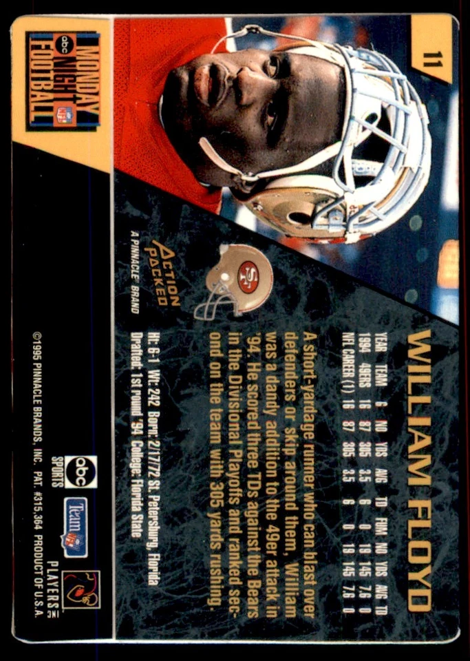 1995 Action Packed Monday Night Football William Floyd San Francisco 49ers #11 - Image 2 of 2