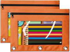 Pencil Pouch for 3 Ring Binder, 2 Pack Orange 3-Holes Zipper Pencil Pouches, Stu