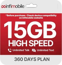 $12.50/Month | Infimobile Prepaid Unlimited Plan: 12 Months | 15GB... 