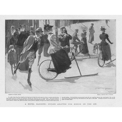 RADFAHREN Ein Fahrrad angepasst für Reiten auf dem Eis - antiker Druck 1897