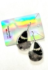 Handcrafted Teardrop Butterfly Wing Resin Dangle Earrings Black Clear White