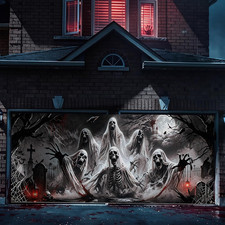 7 X 16 Ft Halloween Garage Door Banner Large Scary Ghost Skeleton Graveyard Hang